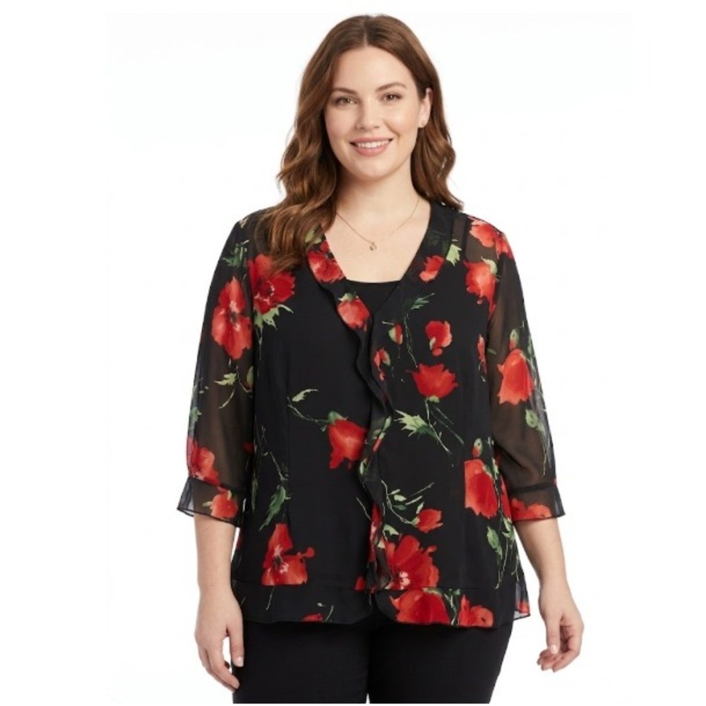 Emma James‎ Silk Blouse size 14 Black Red Poppy Floral Ruffle Sheer 3/4 Sleeve